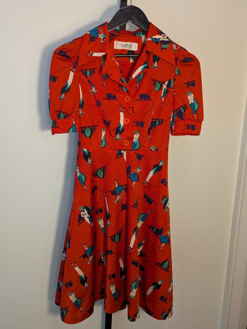 Vintage 1960s Cherinee Tokyo Novelty Print Dress Orange Mid-Century Mod